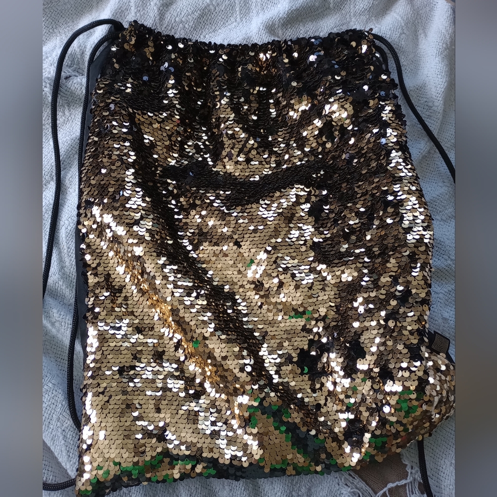 Gold and Black Sequin Drawstring Bag